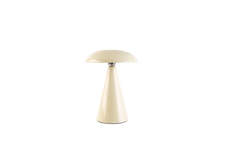 Moderne Tischlampe mit pilzförmigem Schirm und konischem Fuß als dekorative Innenleuchte.