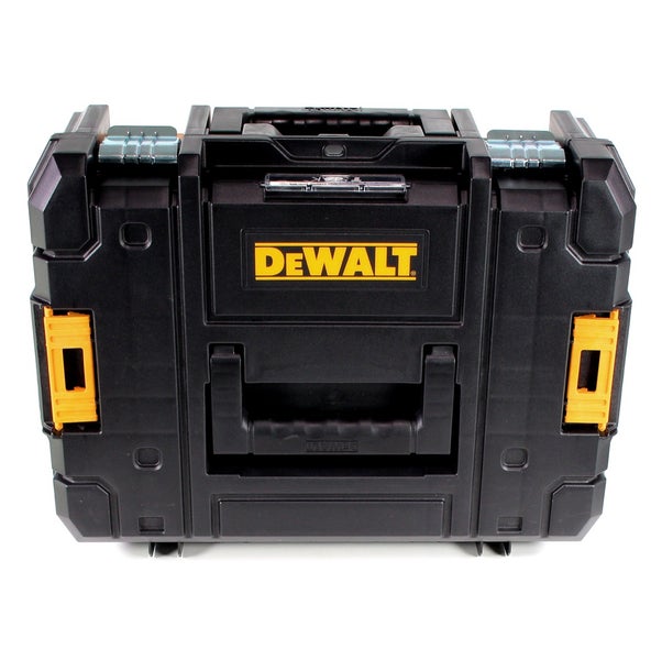 DeWalt Werkzeugbox TSTAK, stapelbarer Werkzeugkoffer aus Kunststoff mit Metallverschlüssen und Tragegriff.