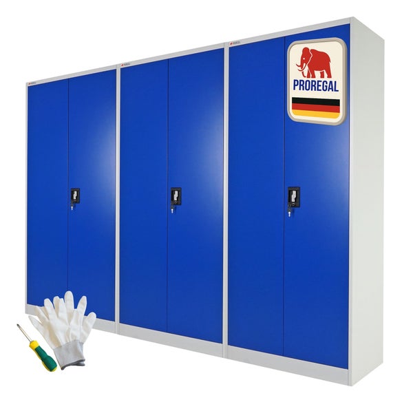 Dreiteiliger Metall-Werkstattschrank mit blauen Türen, Schlössern, Arbeitshandschuhen, Schraubendreher, Proregal Logo und Made in Germany Siegel.