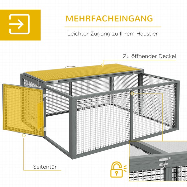 PawHut Kaninchenstall für Zwergkaninchen aus Holz, Klappbar Kleintierstall mit Freilaufgehege, Zwergkaninchenstall mit aufklappbarem Dach Griff für Meerschweinchen, Grau, 110 x 105 x 50 cm