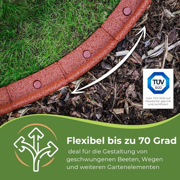 FlexiBorder (Terrakotta, 6 Meter) - flexible Rasenkante, Komplettset, biegbar bis 70°, recycelte Rohstoffe, speziell geeignet für kinderfreundliche Gärten, wetterfest, rasenmäherfreundlich, einfache Installation