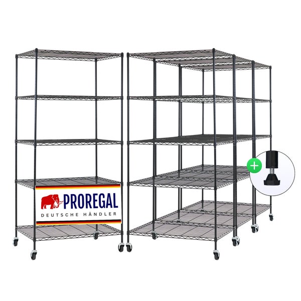 Schwarze Metall Drahtregale mit fünf Ebenen auf Rollen inklusive ProRegal Logo und Detailansicht eines verstellbaren Standfußes.