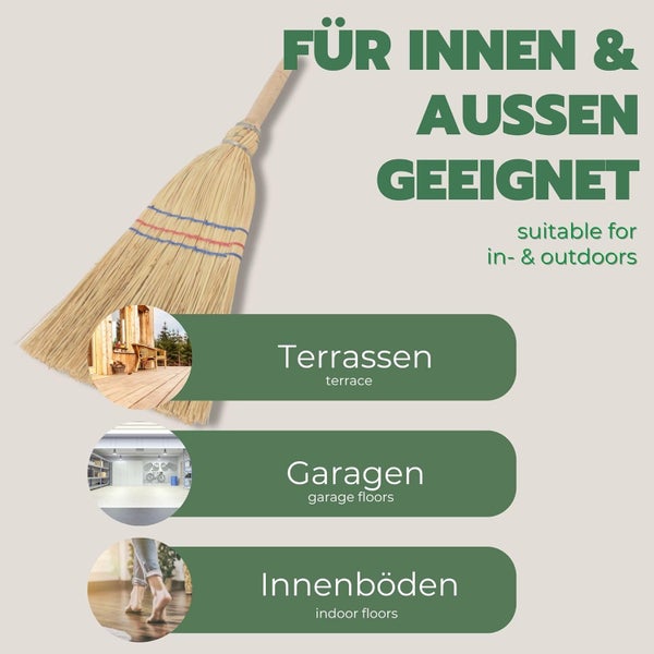 Reisigbesen für Innen und Außen, geeignet für Terrassen, Garagen und Innenböden.