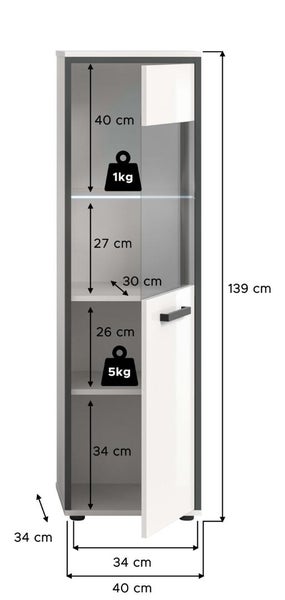 Abmessungen des Hochschranks: Höhe 139 Zentimeter, Breite 40 Zentimeter, Tiefe 34 Zentimeter. Details zu Fachhöhen und Belastbarkeit in Kilogramm.