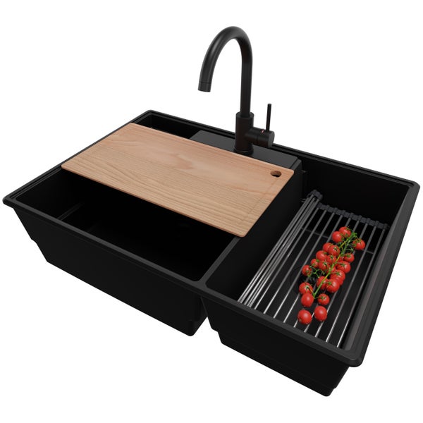 PRIMAGRAN Granitspüle Alles Schwarz 78x53cm, Spülbecken 2 Becken + Küchenarmatur 32x20cm + Ablauf-Set + Küchenzubehörset, Küchenspüle ab 80er Unterschrank - Paris