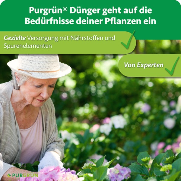 Eine Frau mit Hut pflegt Pflanzen im Garten als Werbebild für Purgrün Pflanzendünger.