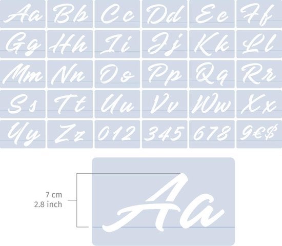 QBIX Dekorative Buchstabenschablonen Set - 30 Alphabetschablonen - Buchstabenhöhe 7cm - Buchstaben- und Zahlenvorlagen