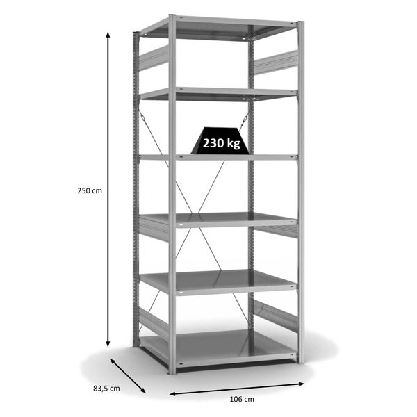 PROREGAL Fachbodenregal Stecksystem T-Profil Medium-Duty Grundregal HxBxT 250 x 100 x 80 cm 6 Ebenen Fachlast 230 kg Einseitig Nutzbar Verzinkt