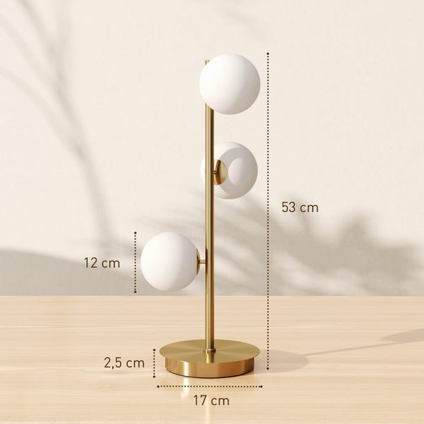 Tischleuchte mit drei Glaskugeln und goldenem Gestell, Maße sind dargestellt