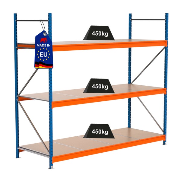 Lagerregal mit drei Ebenen und einer Traglast von 450 Kilogramm pro Ebene