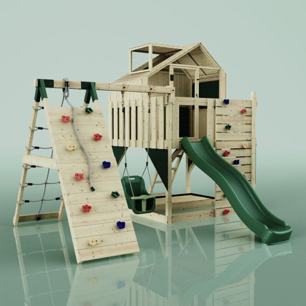 Spielturm aus Holz mit Kletterwand, Rutsche und Schaukel