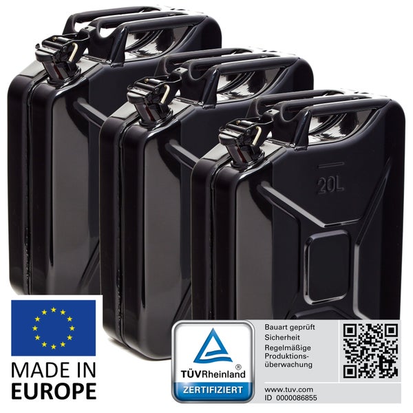 BW® Kraftstoffkanister Metall Benzinkanister 3x 20 Liter - Schwarz - RAL 9005 - TÜV-geprüft und UN-Zulassung - Made in Europe