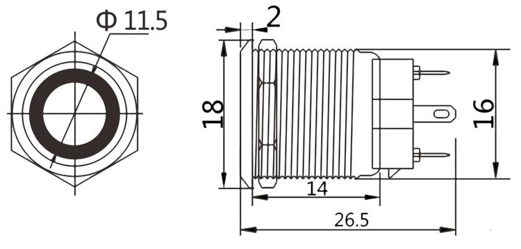 Technische Zeichnung eines Druckschalters in Millimeter: Gesamtlänge 26.5, Gewindelänge 14, Kopfdurchmesser 18 und Einbaudurchmesser 16.