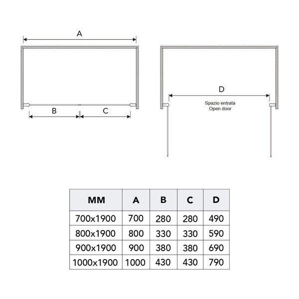 Technische Zeichnung mit Maßangaben für eine Duschkabine und Größentabelle