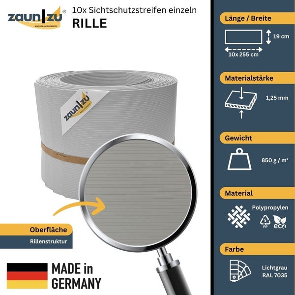 Zehn Sichtschutzstreifen aus Polypropylen mit Rillenstruktur, Maße 255 cm mal 19 cm, Materialstärke 1,25 mm, Gewicht 850 Gramm pro Quadratmeter, Farbton Lichtgrau RAL 7035, Made in Germany, Zaun zu Logo.