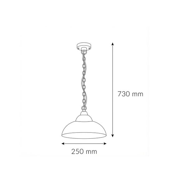 Technische Zeichnung einer Hängeleuchte mit den Maßen 250 mm Durchmesser und 730 mm Höhe