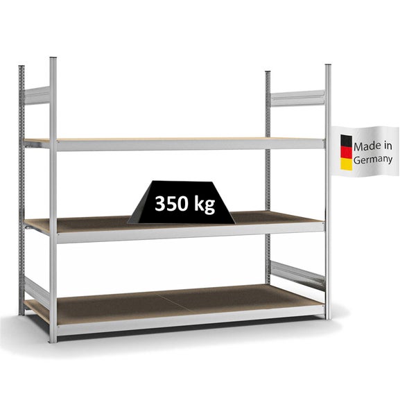 PROREGAL Weitspannregal Stecksystem T-Profil Grundregal HxBxT 200x225x80 cm 3 Ebenen Spanplatten Fachboden Fachlast 350 kg Verzinkt