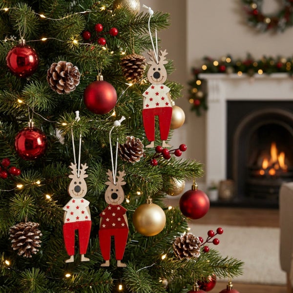 Weihnachtsbaum geschmückt mit hölzernen Rentieranhängern, glänzenden Kugeln und Tannenzapfen vor einem Kamin.