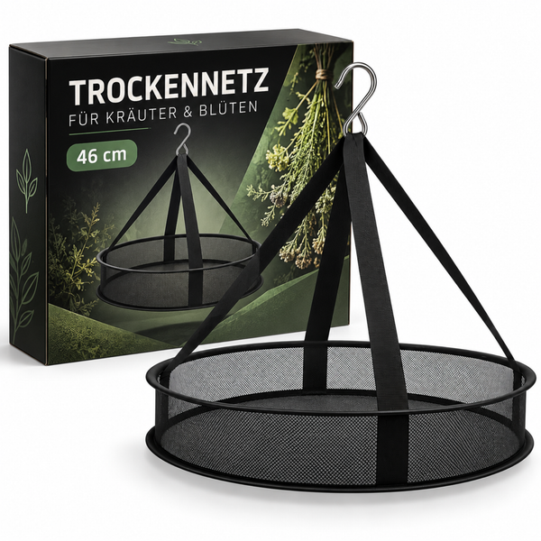 Hängendes Trocknungsnetz in einem Growzelt zur gleichmäßigen Trocknung von Pflanzenmaterial mit symbolisierten Luftstrompfeilen.