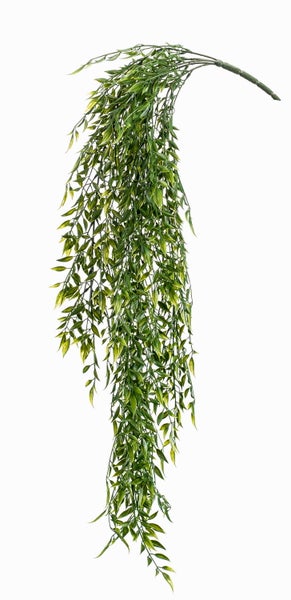 Künstliche Hängepflanze mit grünen, spitzen Blättern aus Kunststoff für die Innendekoration.