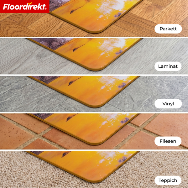 Floordirekt Logo und eine bedruckte Bodenschutzmatte auf verschiedenen Bodenbelägen wie Parkett, Laminat, Vinyl, Fliesen und Teppich.