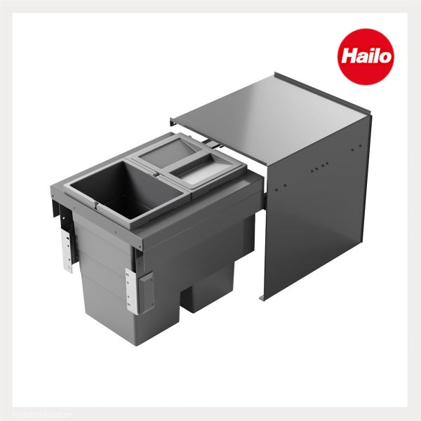 Hailo Einbau Abfalltrennsystem mit zwei grauen Kunststoff Eimern und ausziehbarer Schiene. Hailo Logo.