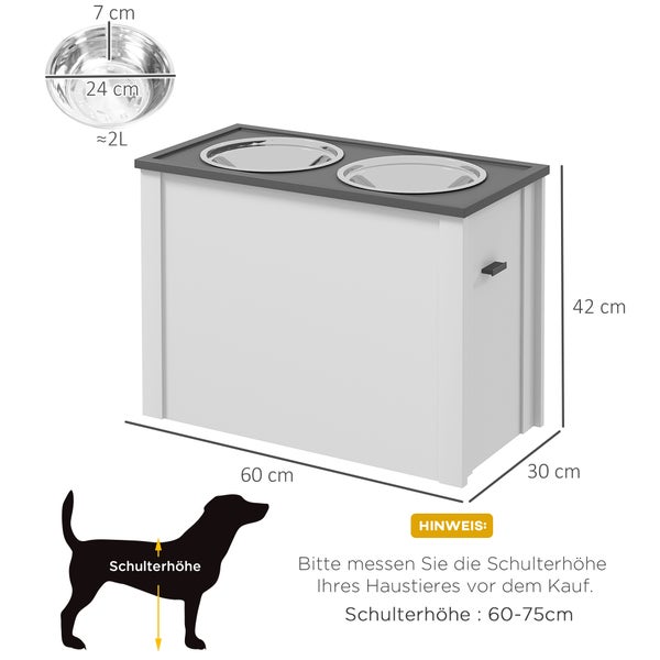 PawHut Hundenapf, Hunde Futterstation mit Stauraum, Wassernapf, Napfständer mit 2 L Edelstahlschüsseln, Hundenapfständer, Fressnapf für Große Hunde, Weiß