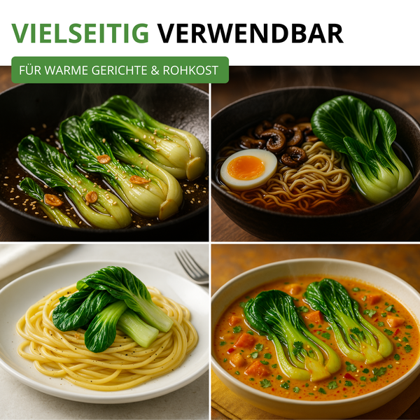 Vier Anwendungsbeispiele für Pak Choi in warmen Gerichten wie Pfannengemüse, Suppe, Pasta und Curry.
