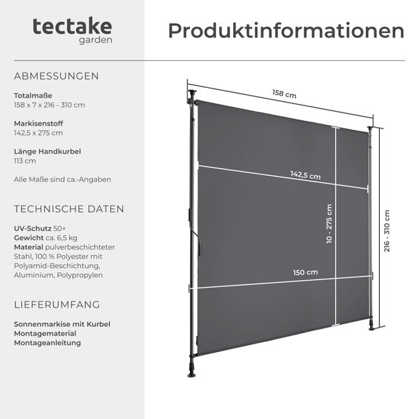 Klemmmarkise tectake Taija leichtgängige Handkurbel verschiedene Größen schwarz