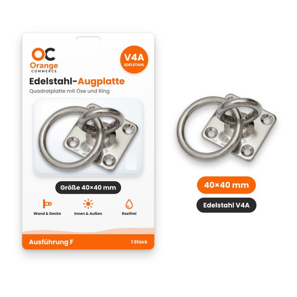 Edelstahl Augplatte mit quadratischer Grundplatte und Ring, 40 mal 40 Millimeter, V4A Edelstahl, rostfrei für Wand und Decke.