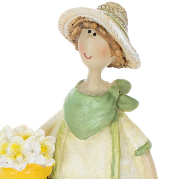 Dekofigur Mädchen mit Strohhut und Blumenstrauß, Gartenfigur.