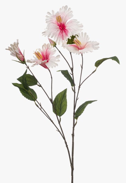 Künstlicher Hibiskuszweig mit rosa-weißen Blüten und grünen Blättern.