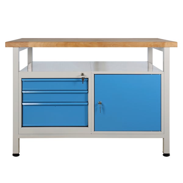 PROREGAL Werkbank Rhino mit Ablagefläche 3 Schubladen 1 Tür HxBxT 84 x 120 x 60 cm Traglast 300 kg Lichtgrau Blau