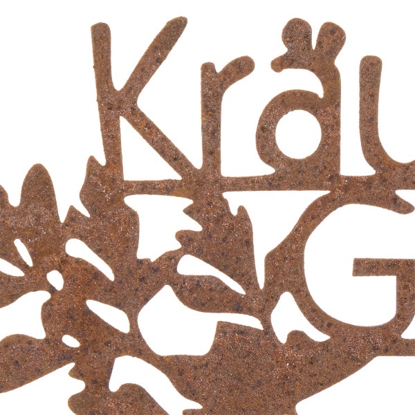 Detailansicht einer Gartendekoration aus Metall mit Edelrost-Patina, Schriftzug Kräuter und Blattmotiven.