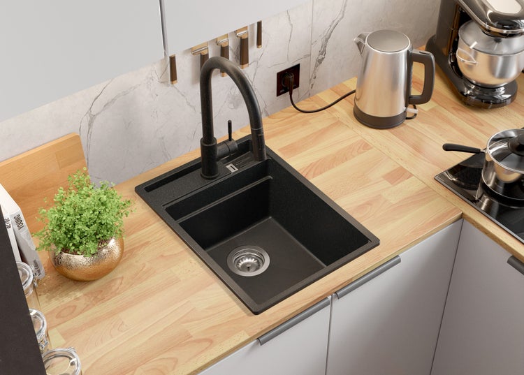 PRIMAGRAN Spülbecken Anthrazit 38x53cm, Granitspüle 1 Becken + Ablauf-Set + Küchenzubehörset, Küchenspüle ab 40er Unterschrank - Oslo Pocket