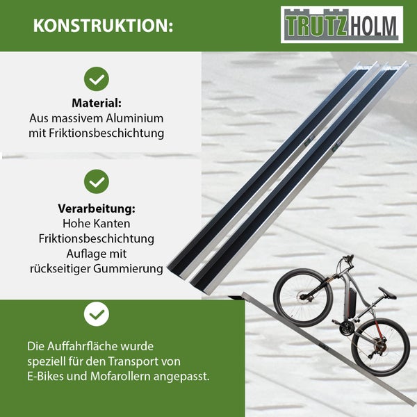 Trutzholm Auffahrrampen aus Aluminium für E-Bikes und Mofas mit rutschfester Beschichtung und hoher Seitenkante.
