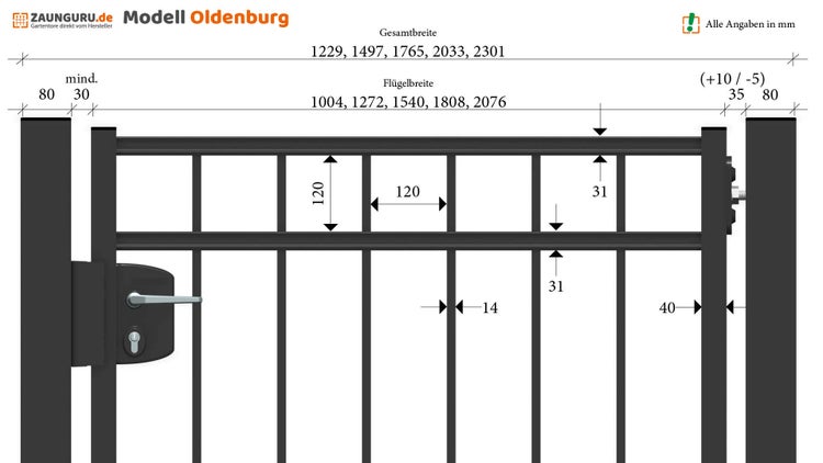 Gartentor ZAUNGURU BASIC-Linie Oldenburg aus Metall, Höhe: 163cm, Breite: 150cm, 1-flügelig inkl. Pfosten, Schloss und Zubehör, Feuerverzinkt und zusätzlich in RAL 7016 Anthrazitgrau pulverbeschichtet