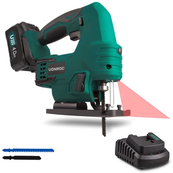 VONROC Akku-Stichsäge  20V, Komplettset mit 1x 4.0Ah Akku, Schnellladegerät, Sägeblättern, Parallelführung und Aufbewahrungstasche