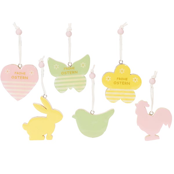 Verschiedene Osteranhänger aus Holz, darunter Herz, Schmetterling, Blume, Hase, Vogel und Hahn