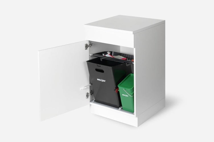 Ein weißer Küchenunterschrank mit einem integrierten Mülltrennsystem mit einem großen und einem kleinen Abfallbehälter der Marke Müllex.
