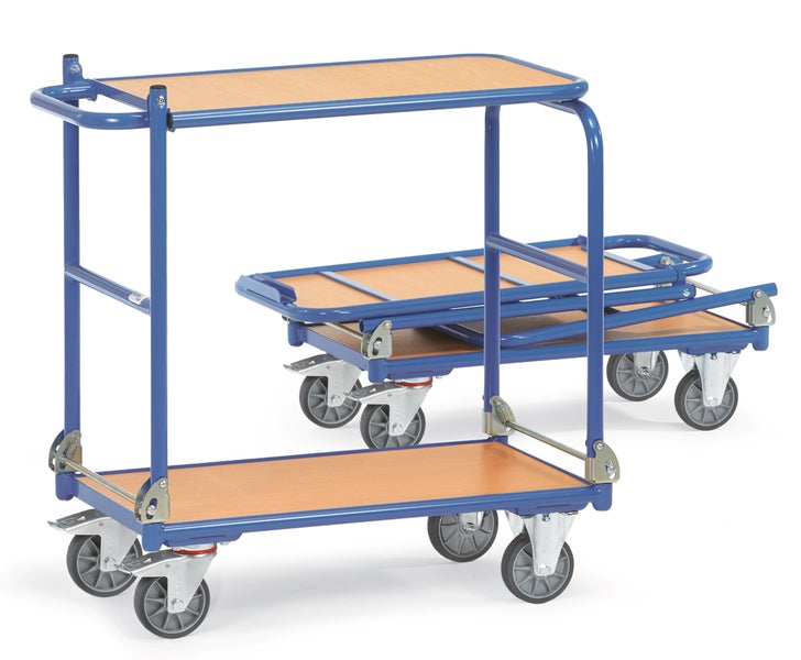 Etagenwagen aus Metall mit Holzplatten und Rollen