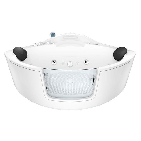 Eck-Whirlpool mit Glassichtfenster, zwei schwarzen Kopfstützen, Handbrause und Armaturen.