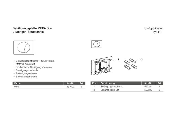Technische Zeichnung und Ersatzteilübersicht für die MEPA Sun Betätigungsplatte mit 2-Mengen-Spültechnik für Unterputz-Spülkasten Typ R11.