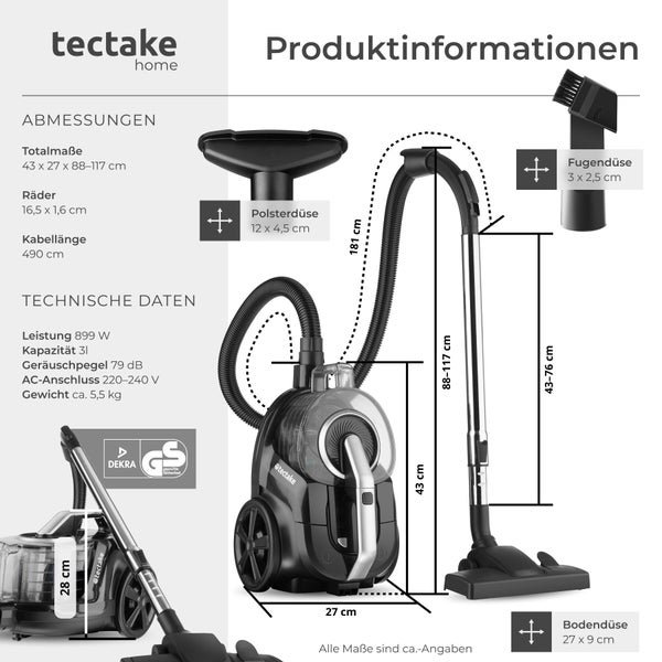 Staubsauger von tectake mit Maßen und technischen Daten wie 899 Watt Leistung und 3 Liter Kapazität. Inklusive Düsen-Set und tectake Logo.