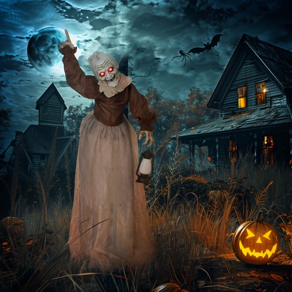 Halloween-Szene mit animierter Hexe, Kürbis und beleuchtetem Haus im Hintergrund