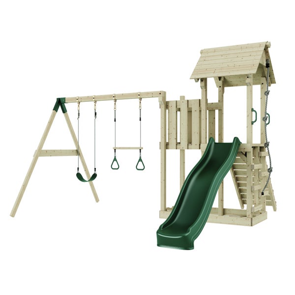 Holzspielplatz mit Schaukel, Turnringen, Rutsche und Kletterturm