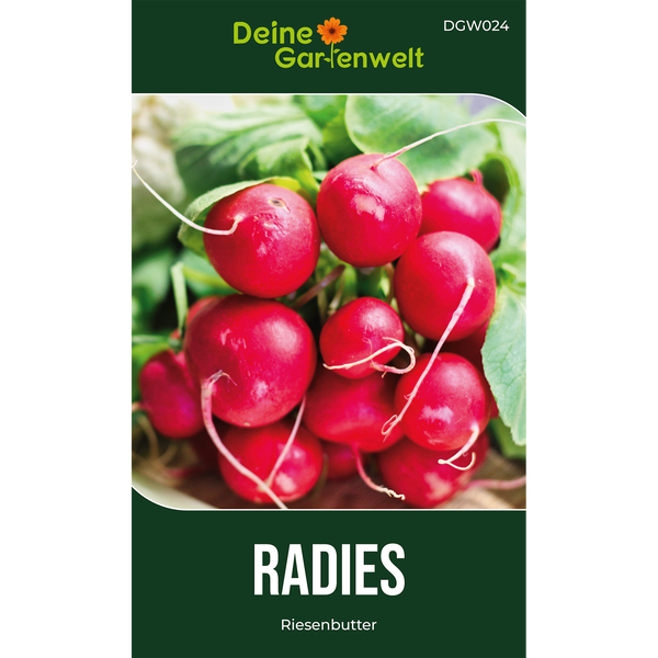 Samentüte für Radieschen Riesenbutter mit Abbildung roter Radieschen und Deine Gartenwelt Logo.