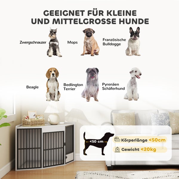 Hundekäfig-Möbelstück für kleine und mittlere Hunde mit weniger als 20 Kilogramm Gewicht und 50 Zentimeter Körperlänge in einem Wohnzimmer.