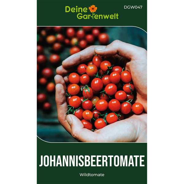 Handvoll kleiner roter Johannisbeertomaten, Wildtomate von Deine Gartenwelt Logo.