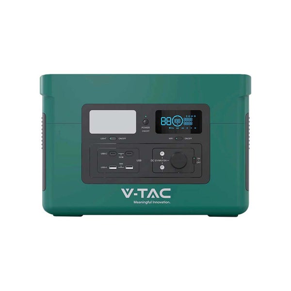 Grüne V-Tac Powerstation mit USB Anschlüssen und Digitalanzeige.